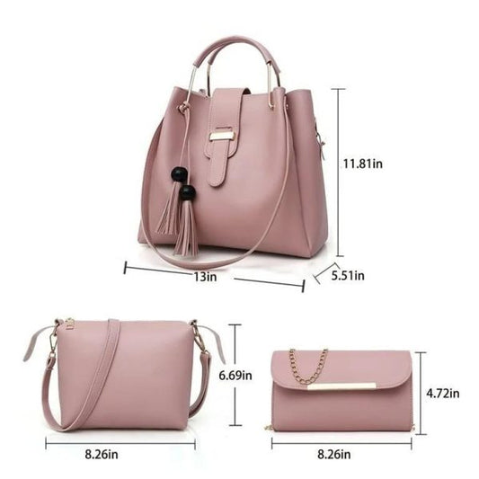 3 Pcs Women’s Leather Plain Hand Bag Set For Women Fashionable New Style Bags Shoulder Bag, Cross Body Bag & Hand Bag Set